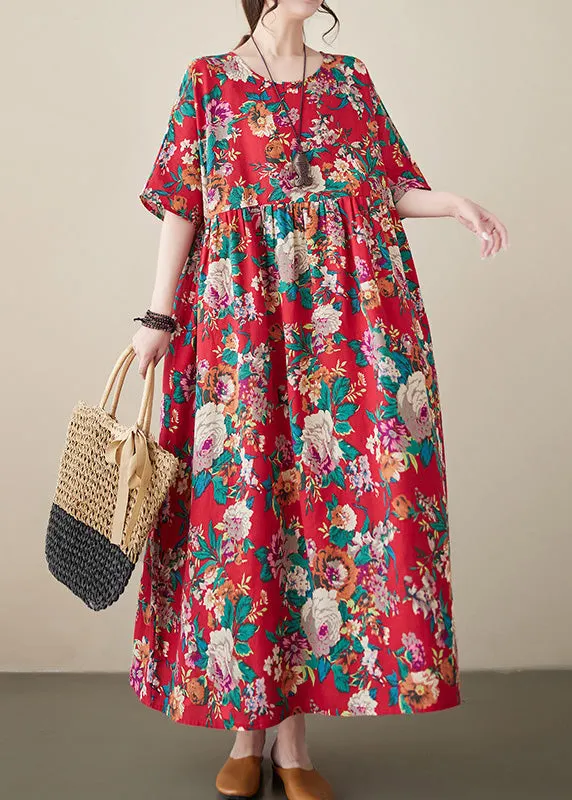 Italian Red Patchwork Print Cotton Maxi Dress Short Sleeve