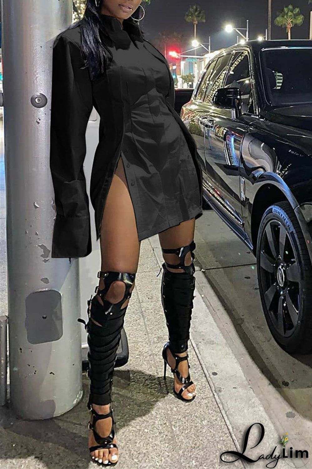 Black Fashion Casual Solid Slit Turndown Collar Shirt Dress Dresses