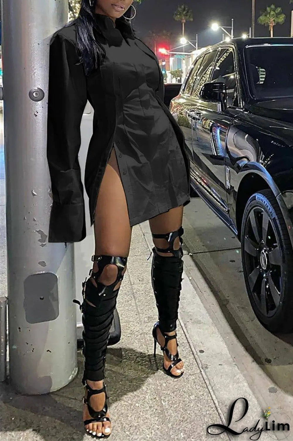 Black Fashion Casual Solid Slit Turndown Collar Shirt Dress Dresses