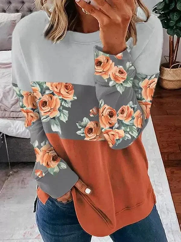 Women Long Sleeve Scoop Neck Stitching Printed Tops