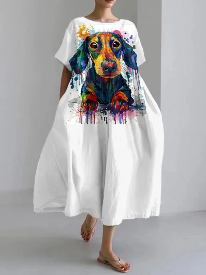 Women's Cute Dachshund Short Sleeve Linen Blend Midi Dress