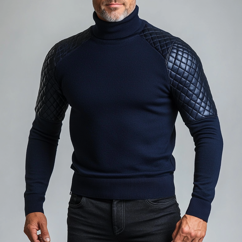 Men's Knit PU Leather Quilted Turtleneck Sweater