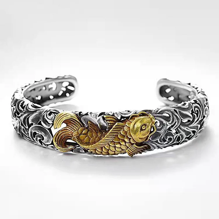 925 Sterling Silver Buddhist Heart Sutra Double Fishes Lotus Open Bracelet