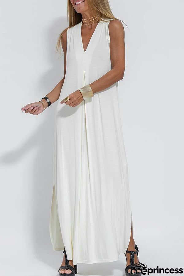 Women Casual Solid Color Sleeveless Maxi Dress