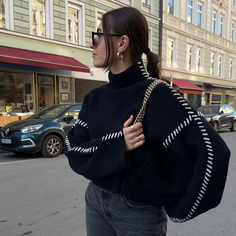 Nigikala Nigikala Women's 2025 Sweater Autumn Round Knitted Shirt To Keep Warm And Catch Chic Color Splicing Wiring Sweater M6221