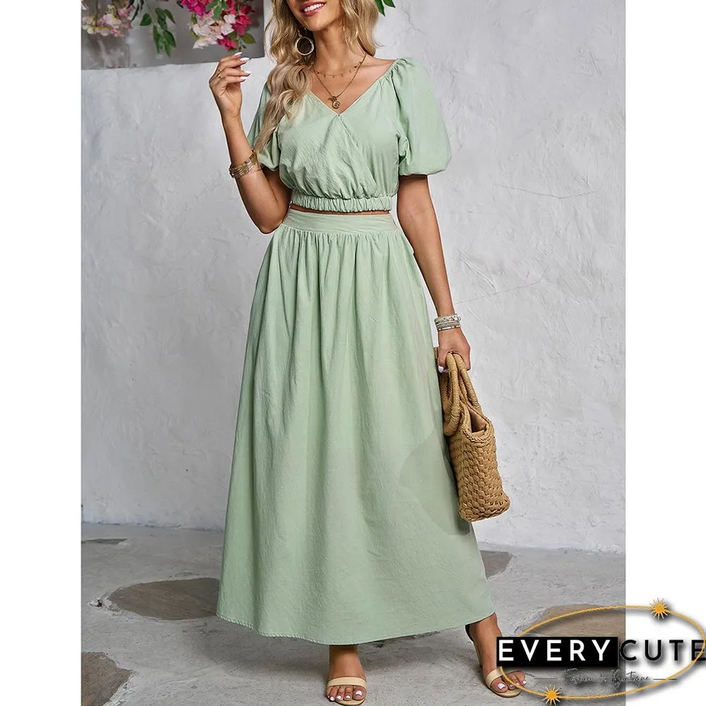Pea Green V Neck Crop Top and Pocket Skirt Set