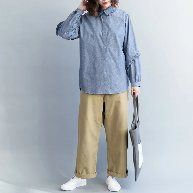 Loose cotton tops women plus size Turn-down Collar Sleeve light denim blue short shirts