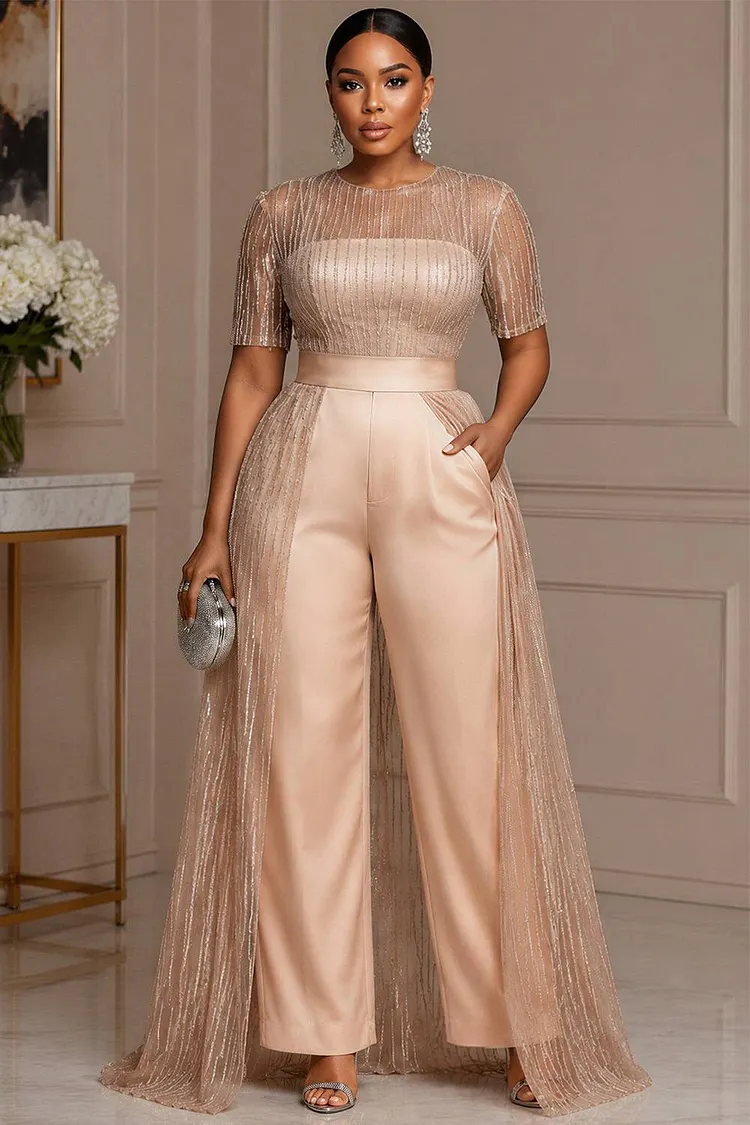 Xpluswear Design Plus Size Formal Satin Champagne Round Neck Short Sleeve With&nbsp;Skirt&nbsp;Overlay&nbsp;Pocket Tulle Jumpsuits [Pre-Order] 2024 - Xpluswear
