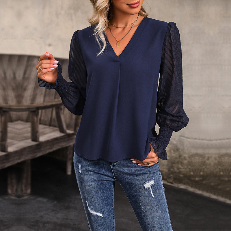 Mature Women Tunic Top Long Sleeve V-neck Solid Color Shirt