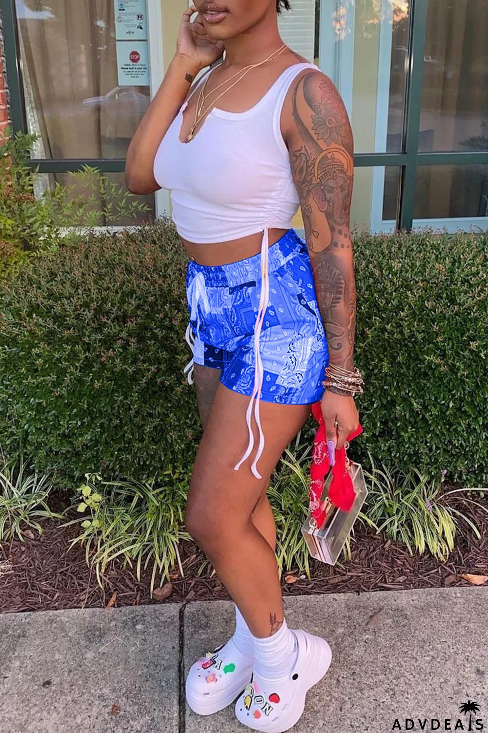 Grey Sexy Print Ripped Contrast Spaghetti Strap Sleeveless Two Pieces