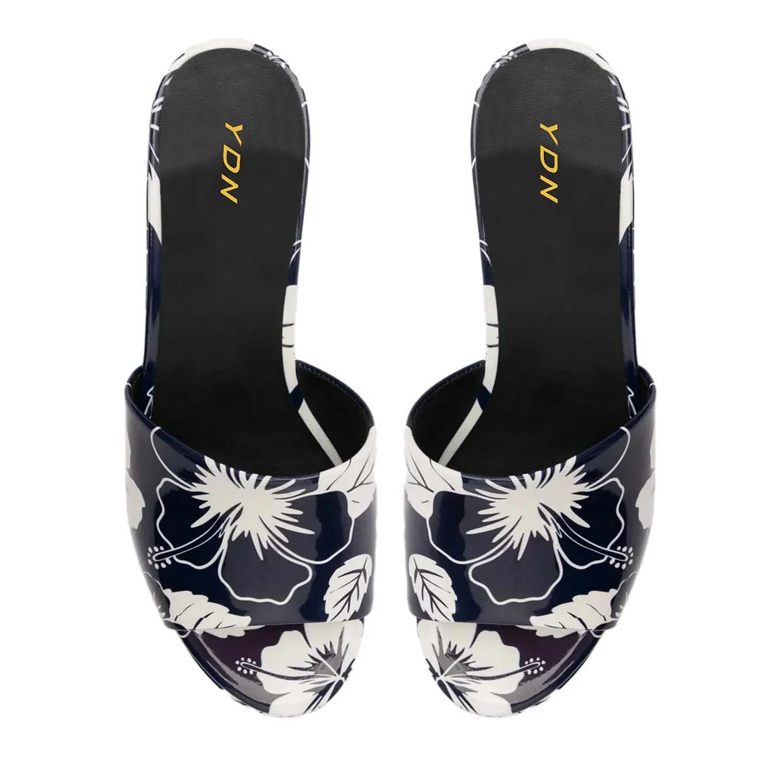 Navy & White Floral Print Open Round Toe Platform Heel Sandals