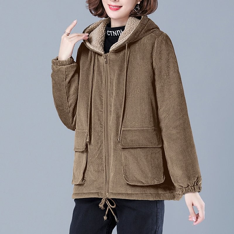 Zoki Thick Women Corduroy Jacket Winter Cotton Vintage Loose Hooded Female Loose Plus Size Korean Coat Casual Warm Clothes 2021