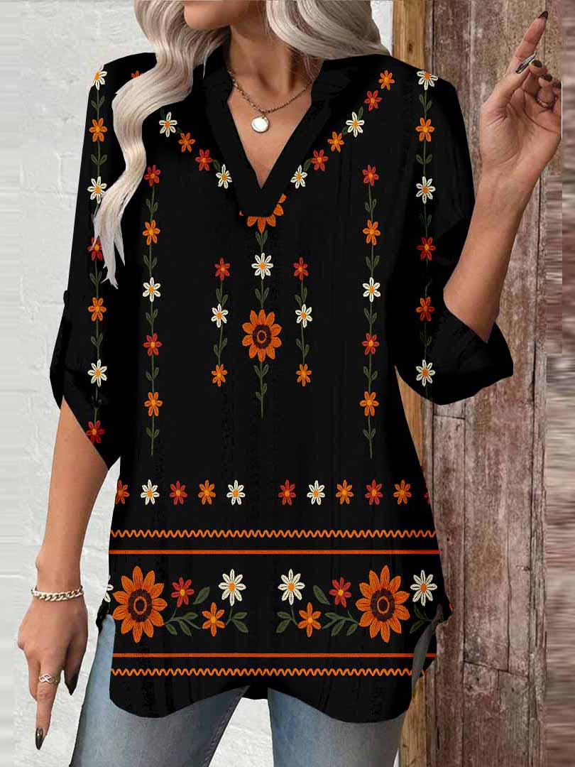 Women Floral,Black,Orange DZGA0306 3/4 Sleeve V-neck Printed Graphic Button Tops