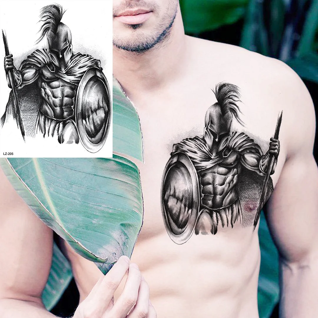 Black Spartan Warrior Temporary Tattoos For Men Adults Realistic Lion Tiger Maori Knight Fake Tattoo Sticker Chest Tatoos 3D
