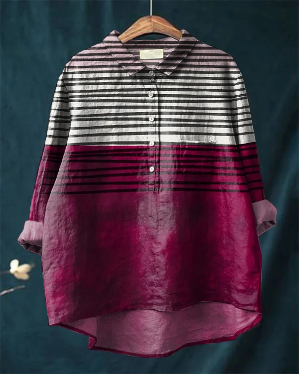 Vintage Horizontal StripeAbstract Art Print Cotton and Linen Casual Shirt