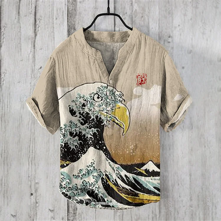 Japanese Art Waves Eagle Graphic V-Neck Linen Blend Shirt