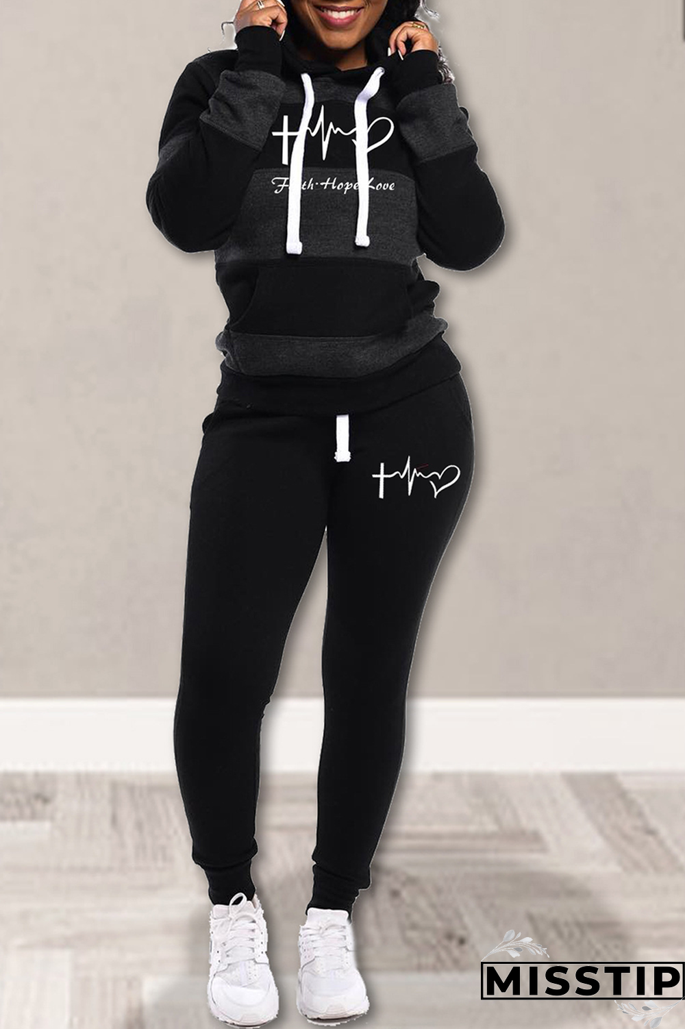 Black Street Striped Draw String Hooded Collar Long Sleeve Two Pieces