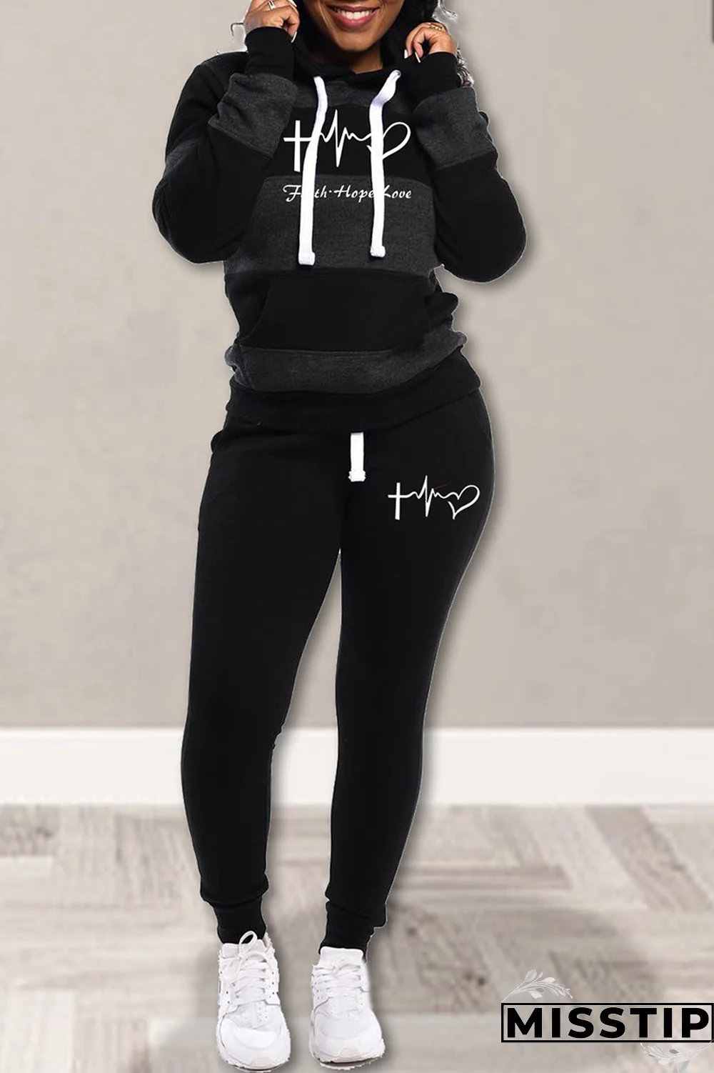 Black Street Striped Draw String Hooded Collar Long Sleeve Two Pieces