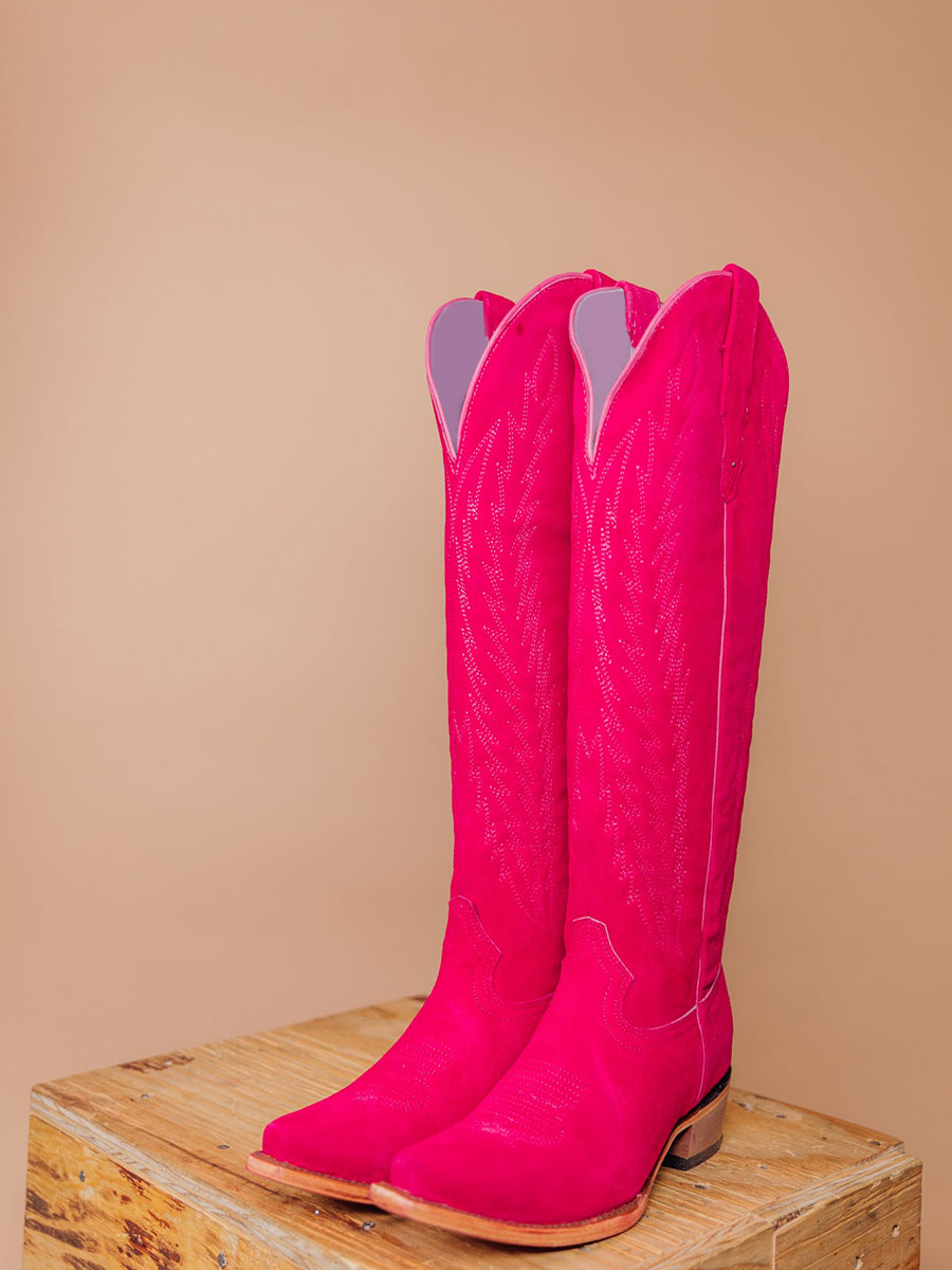 Pink Faux Suede Snip Toe Wide Calf Knee High Cowgirl Boots With Chunky Heels