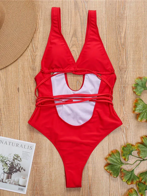 Solid Color Bandage Hollow One-Piece Swimwear 