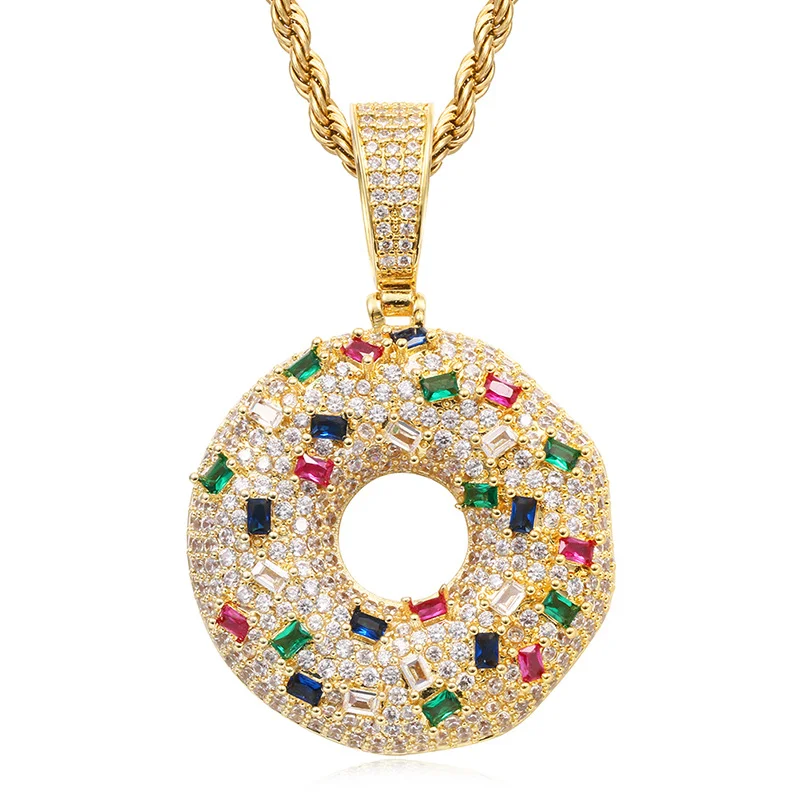 Donut Pendant Iced Out Cz Rainbow Round Dessert Necklace Hip Hop Jewelry-VESSFUL