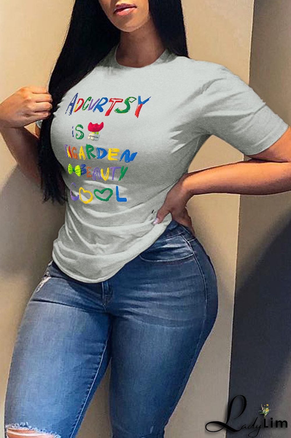 Grey Sweet Cute Print Letter O Neck T-Shirts
