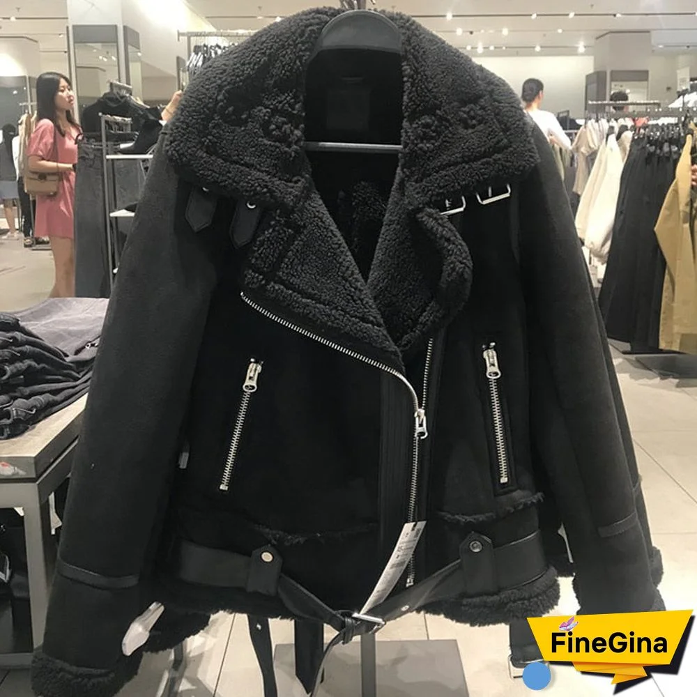 Winter New Women Thick Warm Vintage Suede Lambswool Biker Jackets Coat Chic Sashes Casual Loose Faux Leather Outwear Tops Female