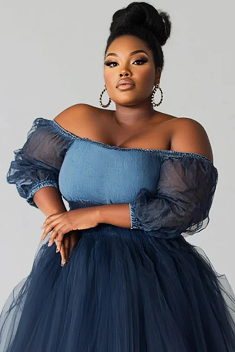 Xpluswear Design Plus Size Formal Blue Off The Shoulder Lantern Sleeve 3/4 Sleeve See Through Contrast Tulle Tencel Denim Maxi Dresses [Pre-Order]