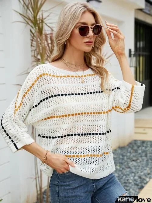 Eyelet Striped Round Neck Knit Top