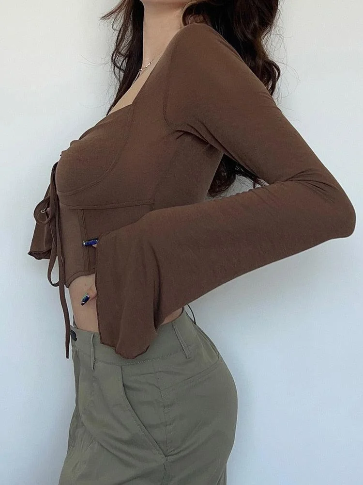 Brownm Grunge Flared Sleeve Crop Top