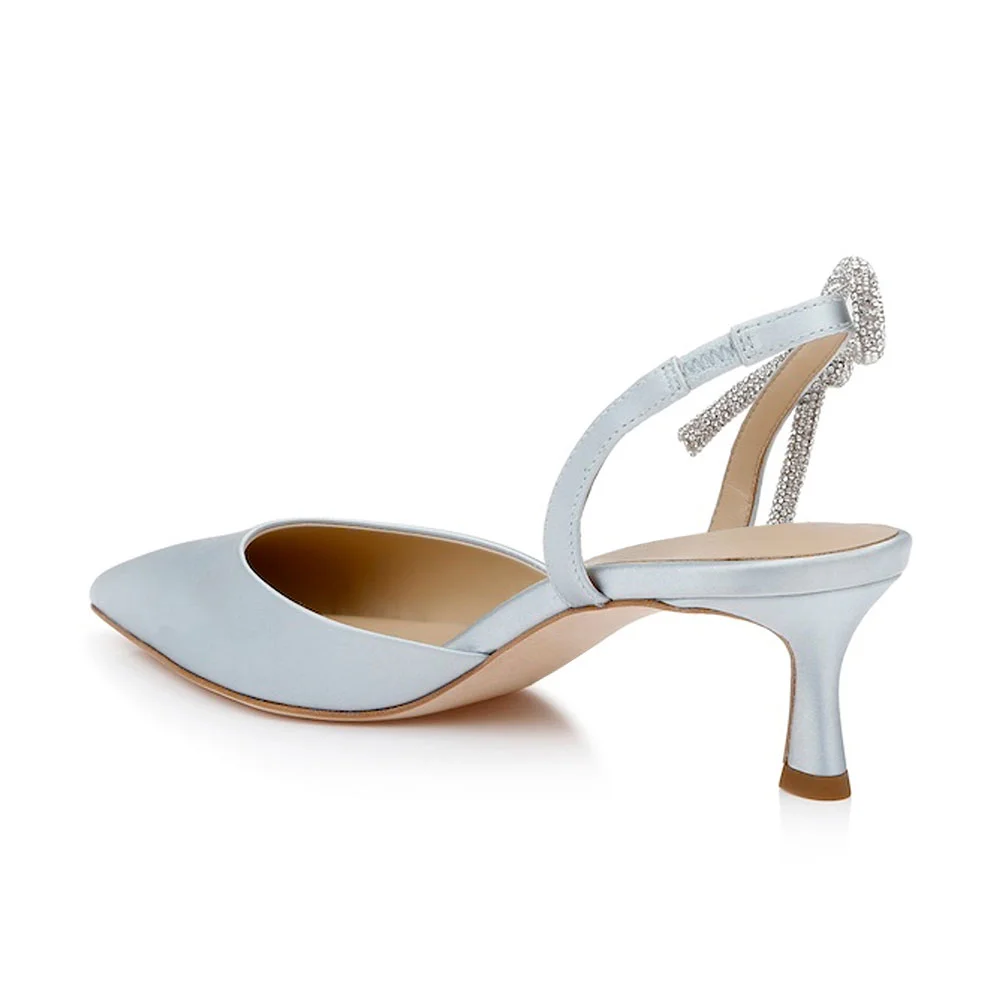 Light Blue Satin Slingback Crystal Draped Bow Pumps for Women