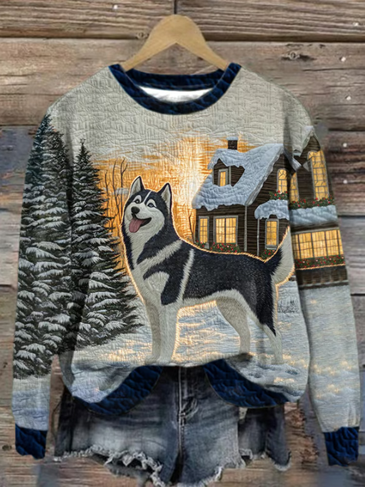Retro Husky In The Snow In Winter Print Sweatshirt elevenforest