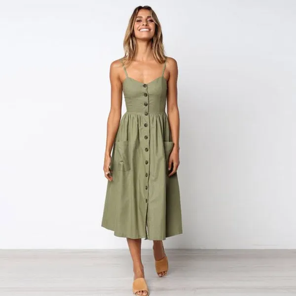 Button Striped Print Cotton Casual Beach Summer Dress Sexy Spaghetti Strap Pockets V-neck Off Shoulder Women Midi Dress Vestidos