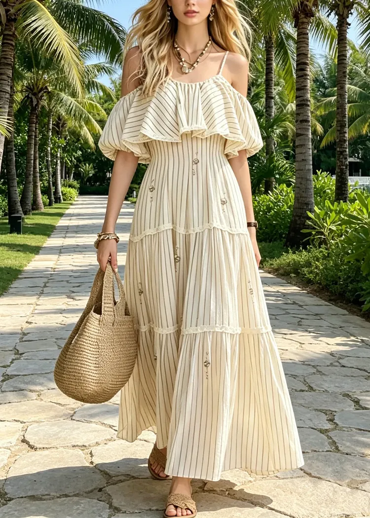 French Ruffled Cold Shoulder Striped Cotton Robe Dresses Summer