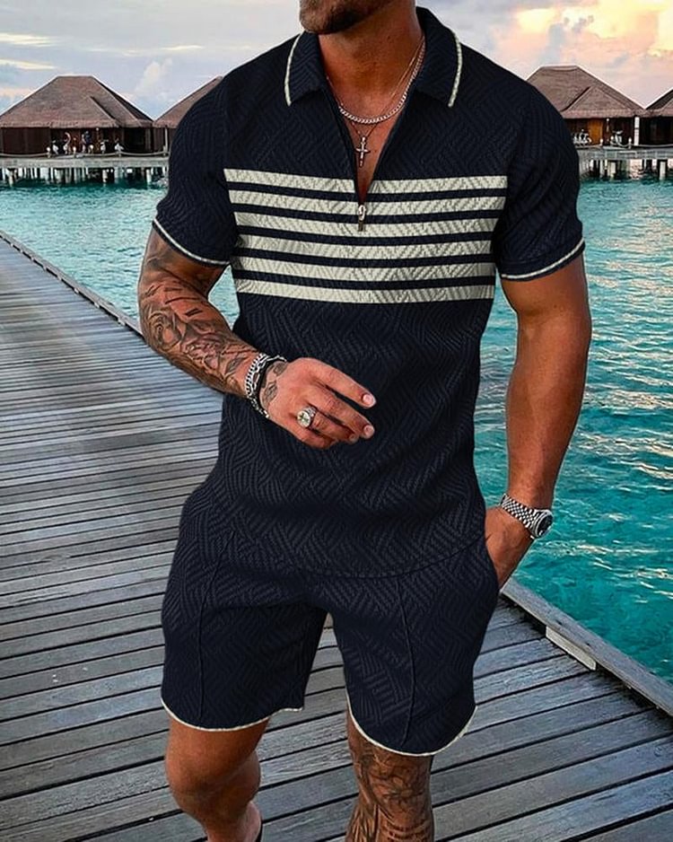 Men's Casual Printed Striped Polo Suit