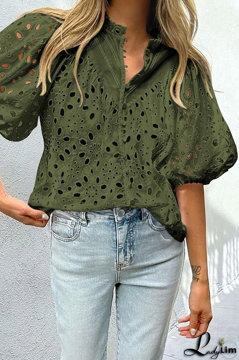 Casual Solid Hollowed Out Buckle Mandarin Collar Tops