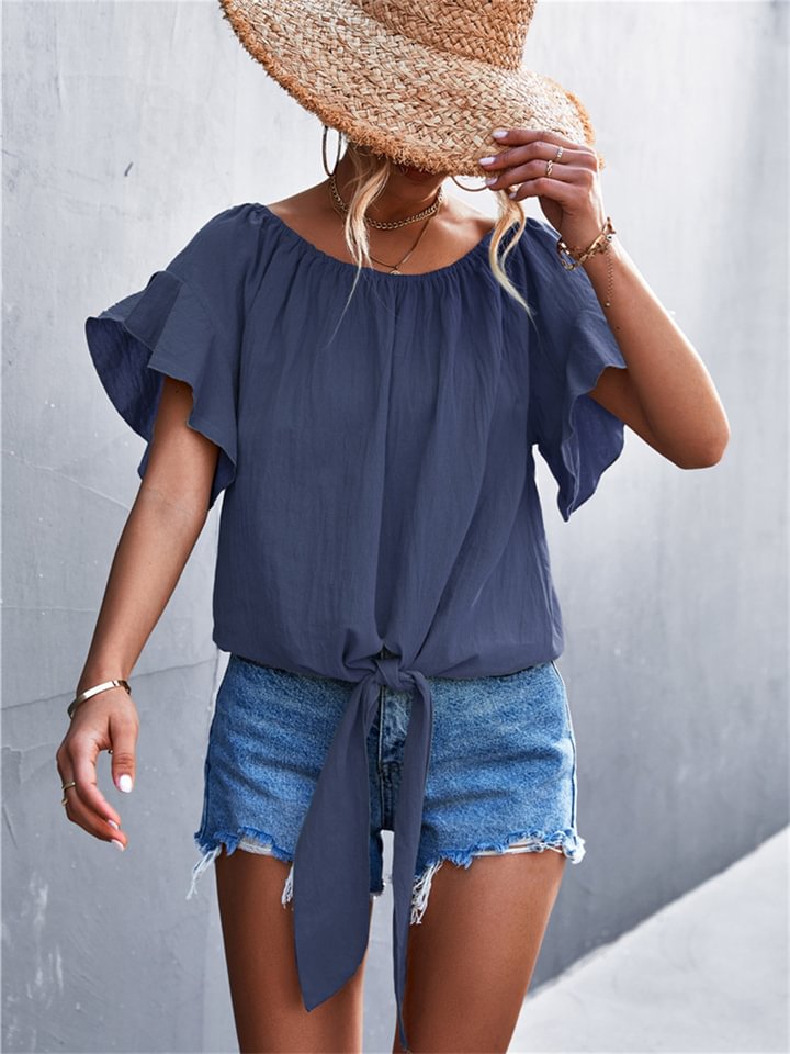 Women's T Shirt Vacation Style Ruffle Sleeve Round Neck Tops for Women-Hoverseek