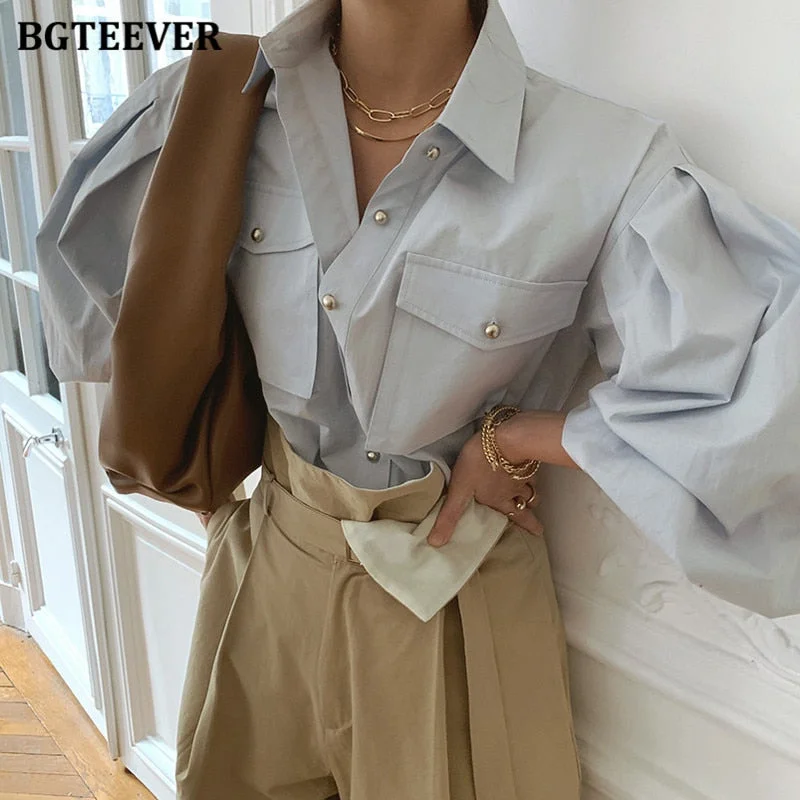 BGTEEVER Chic Elegant Loose Single-breasted Shirts for Women 2020 Autumn New Fashion Full Sleeve Pockets Female Blouse Tops