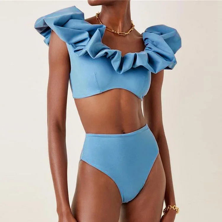 Bubbly Neck Solid Color Bikini Swimsuit