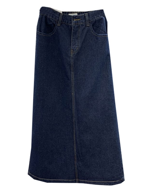 Dark Blue Split-Back Casual High-Waist Denim Skirt