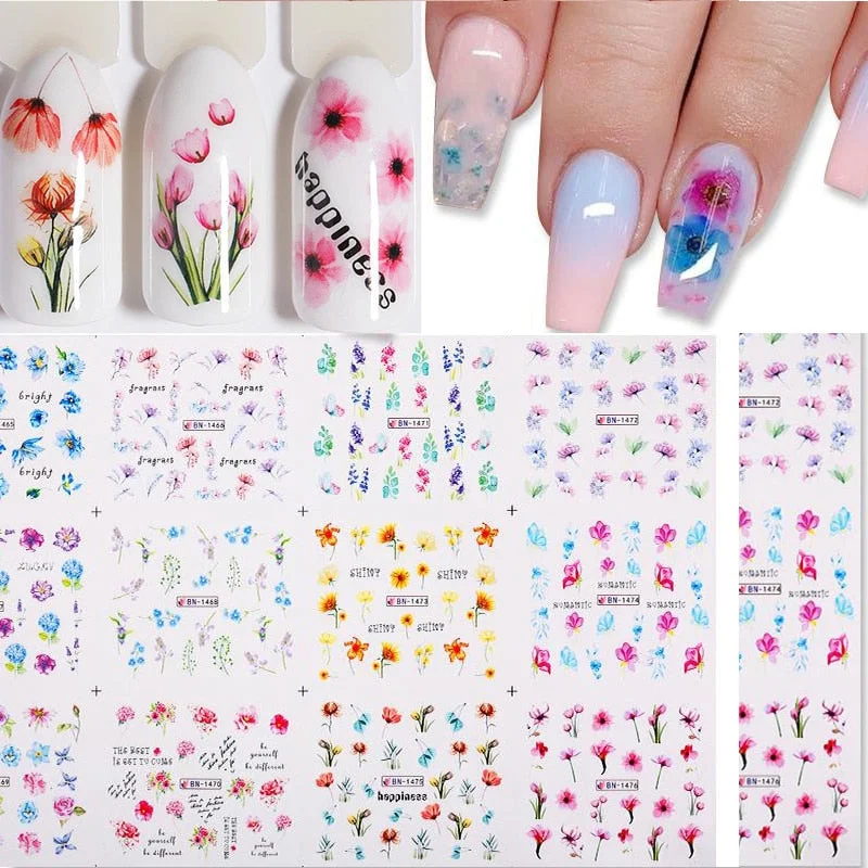 12pcs Valentines Love Letter Water Decals Flower Sliders Nail Stickers for Manicure Nail Art Decoration Transfer Water Sticker-Nail Inspo