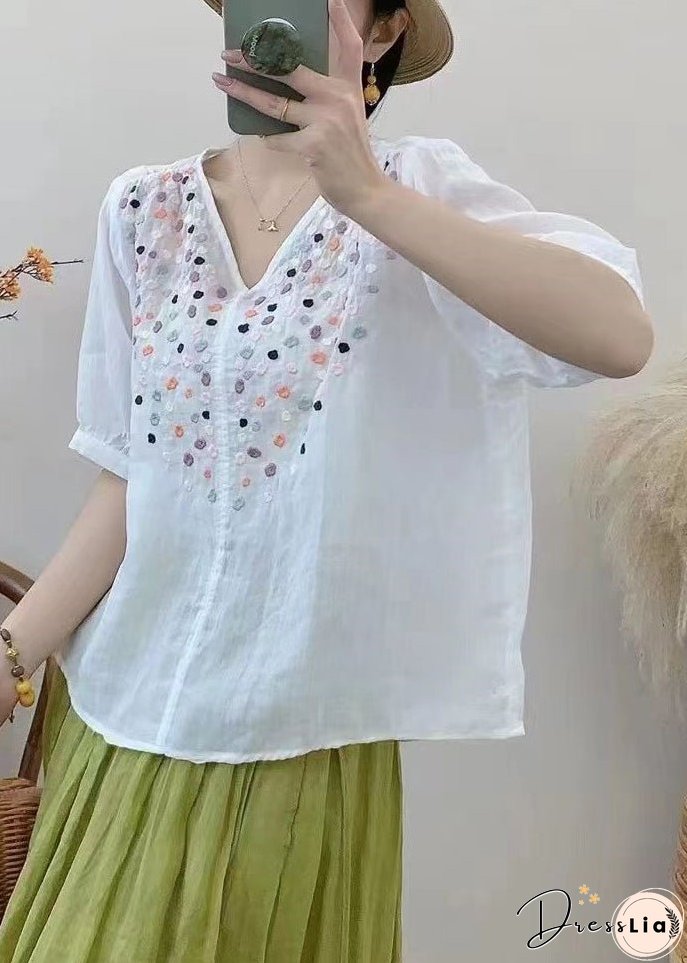Loose Grass Green V Neck Embroideried Cotton Tops Half Sleeve