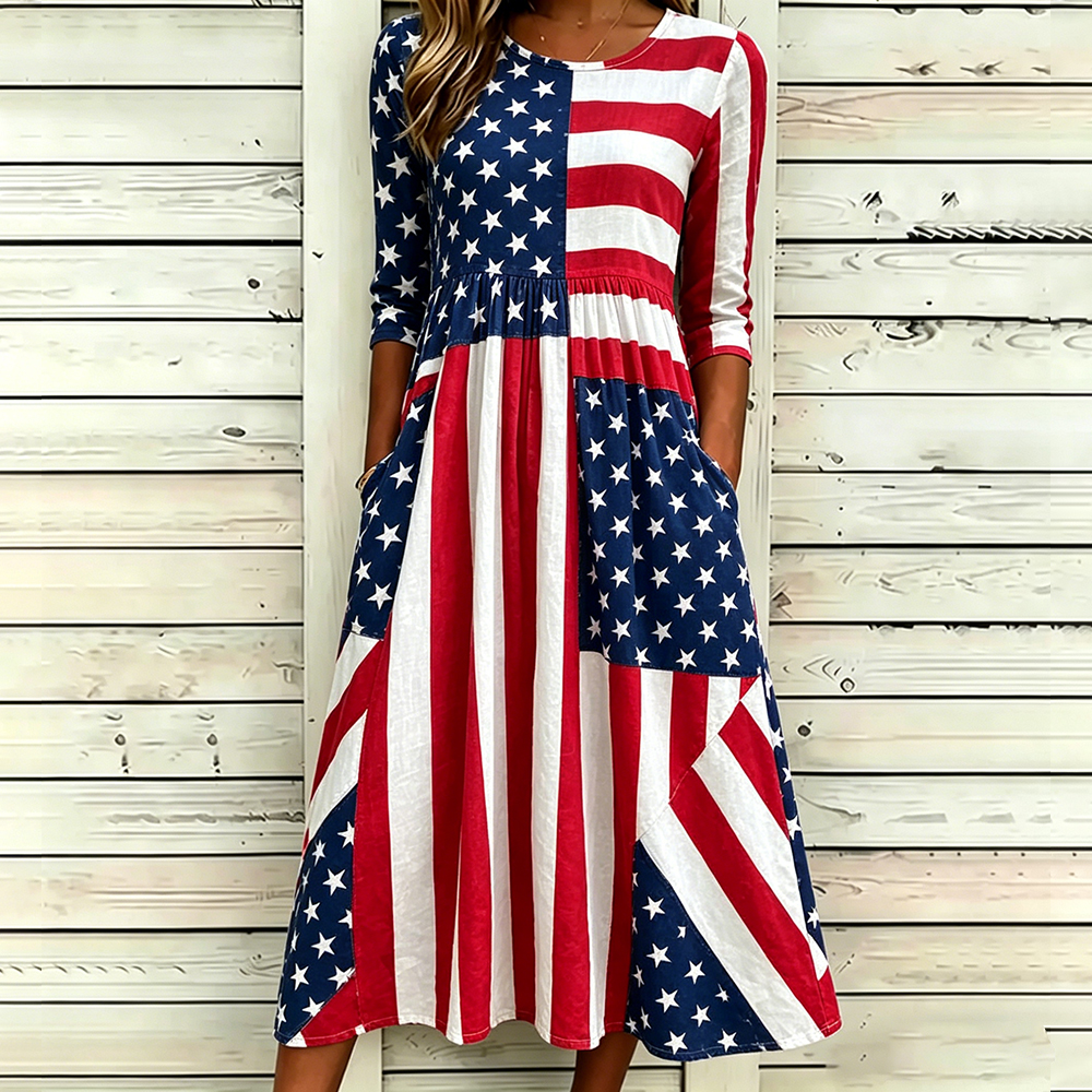  Women's American Independence Day Deconstructed Flag Art Cotton Linen Mid-sleeve Round Neck Dress Westsshops