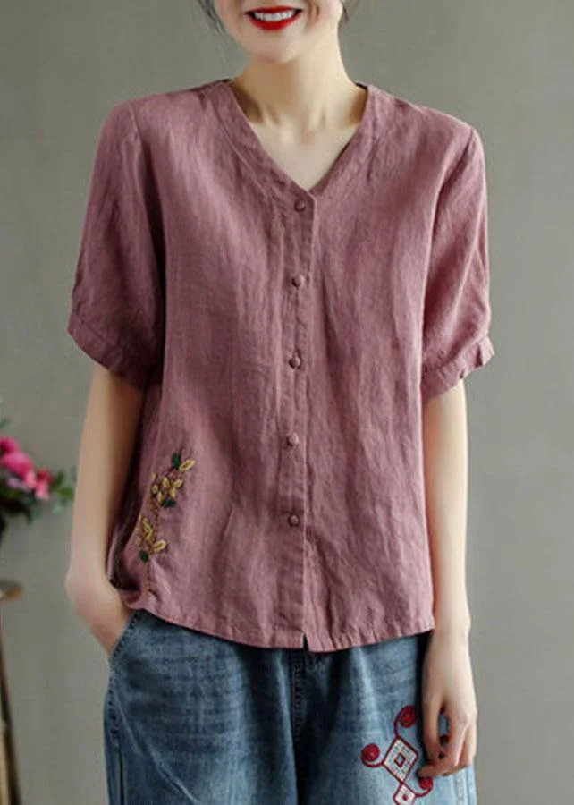 Loose Pink V Neck Embroideried Floral Summer Linen Shirt