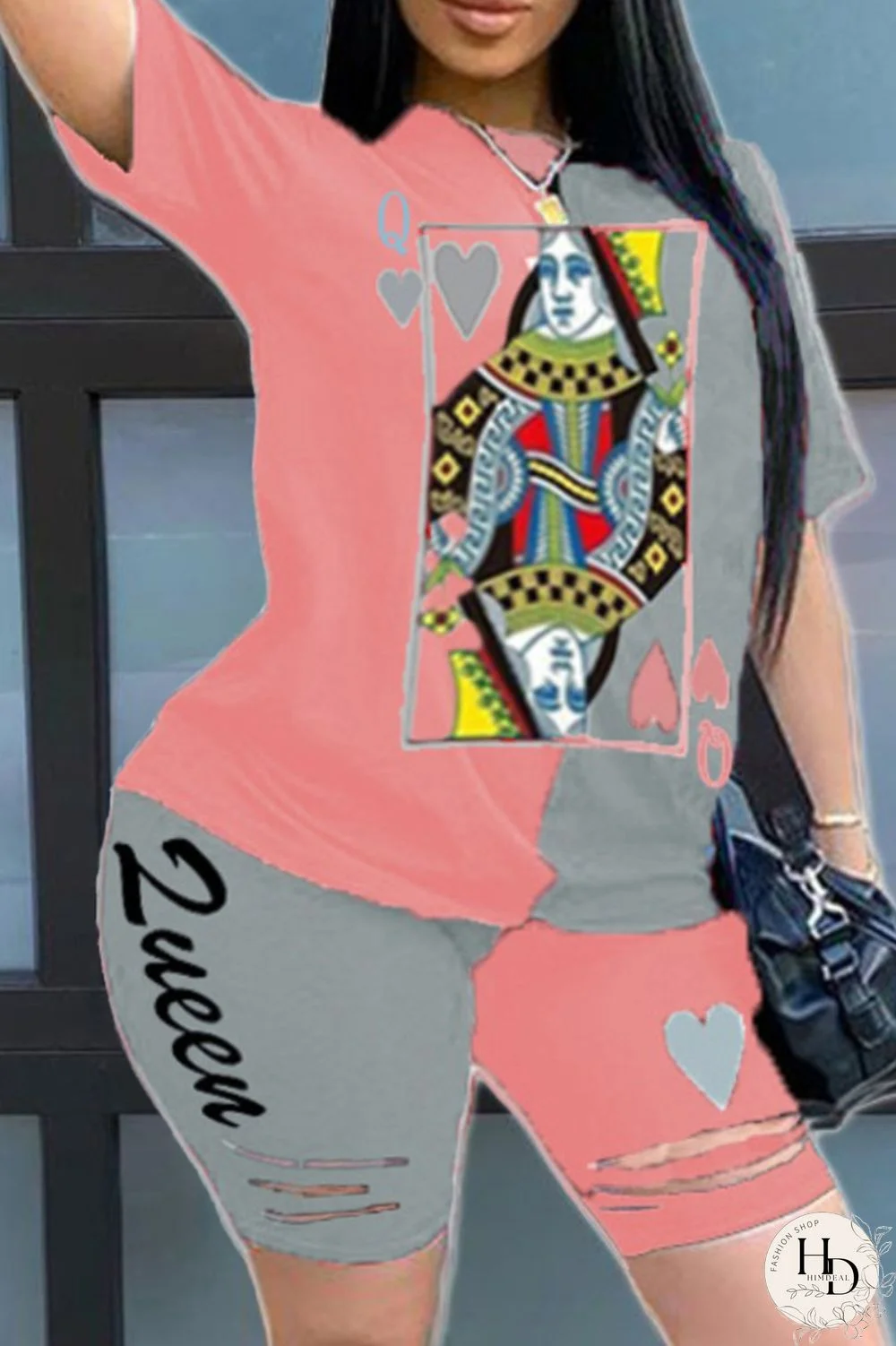 Black and red Fashion Casual Print Two Piece Suits O Neck Plus Size Two Pieces