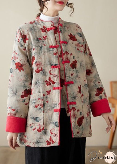 Vintage Print Button Pockets Thick Parka Stand Collar Winter