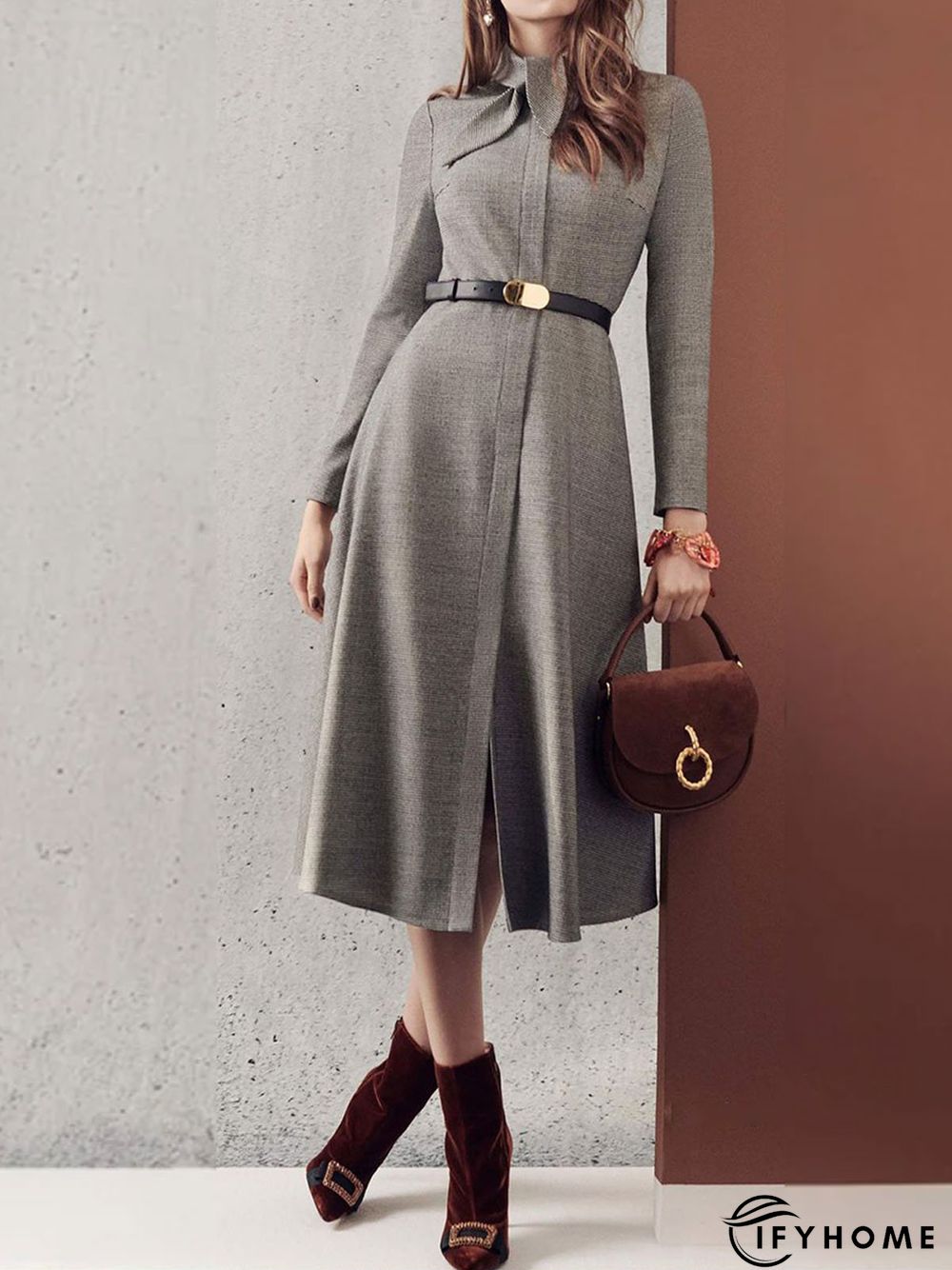 Long Sleeve Plain Work Midi Dress | IFYHOME