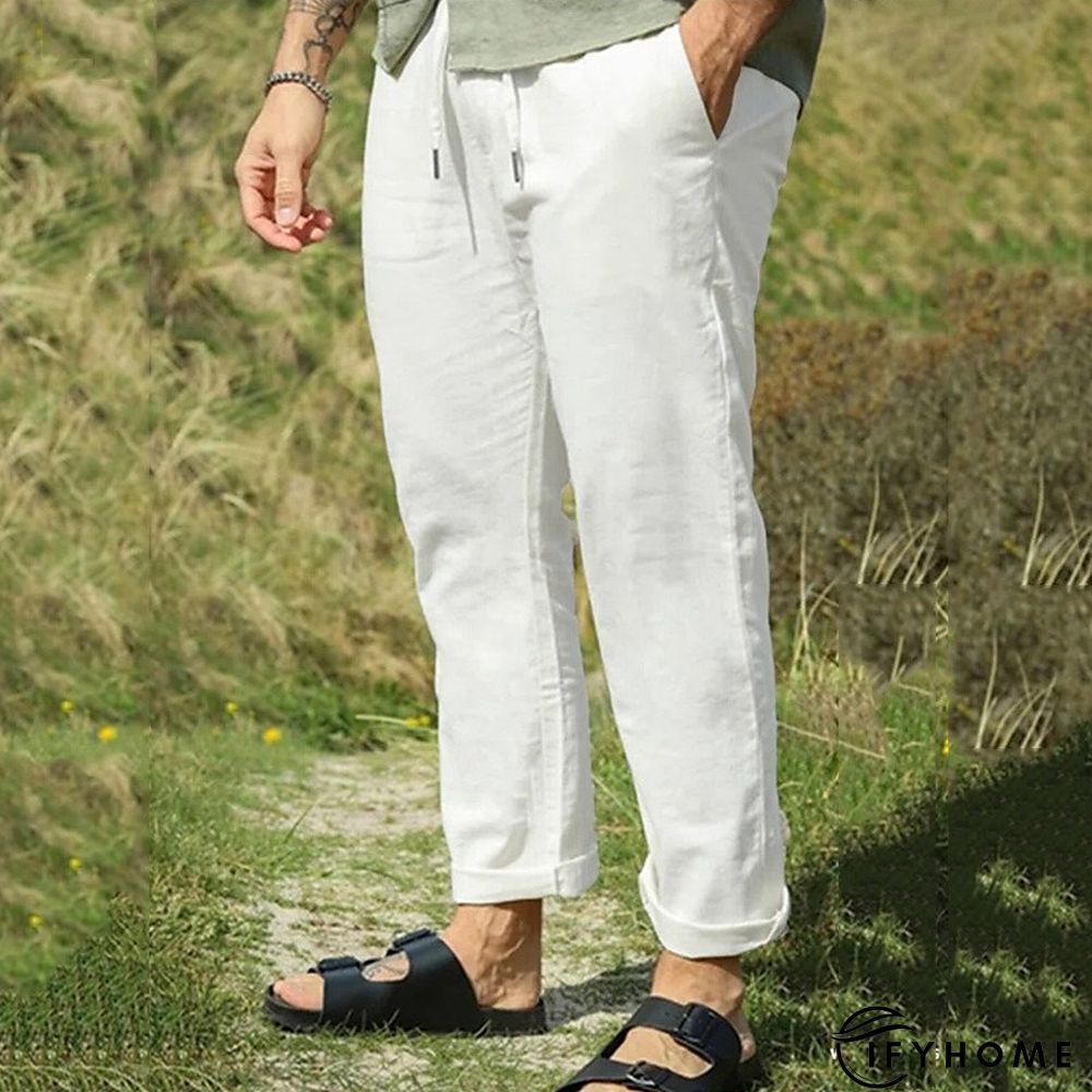 Men's Linen Pants Trousers Summer Pants Beach Pants Drawstring Elastic Waist Plain Breathable Soft Casual Daily Holiday Linen / Cotton Blend Fashion Streetwear White Micro-elastic | IFYHOME