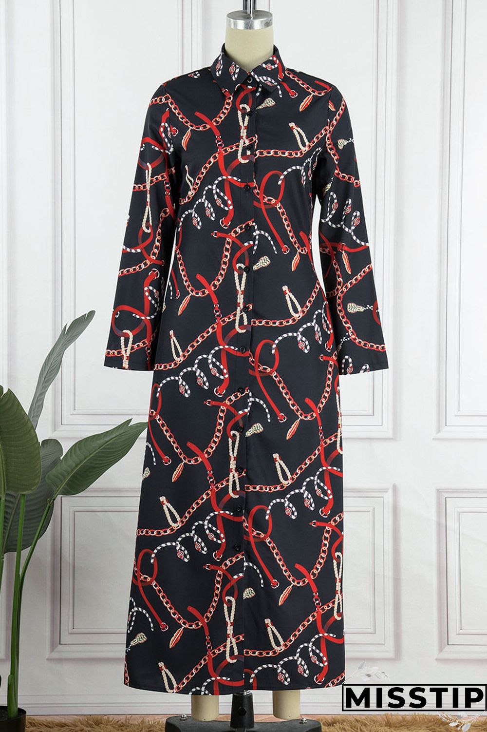 Black Casual Print Patchwork Buckle Without Belt Turndown Collar Straight Dresses