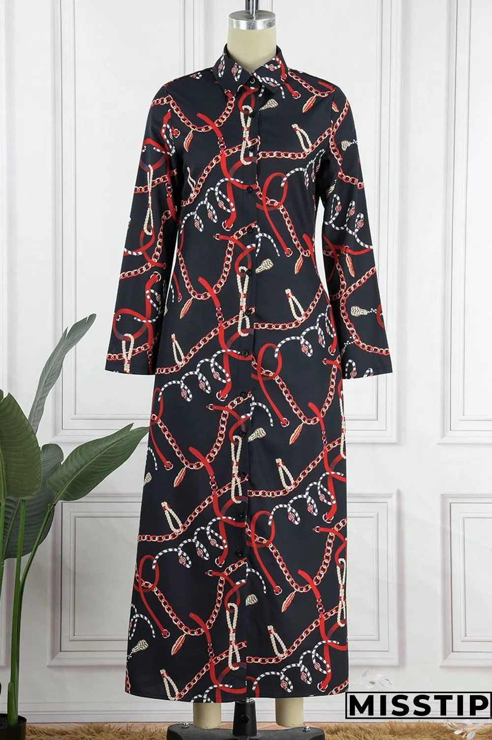 Black Casual Print Patchwork Buckle Without Belt Turndown Collar Straight Dresses